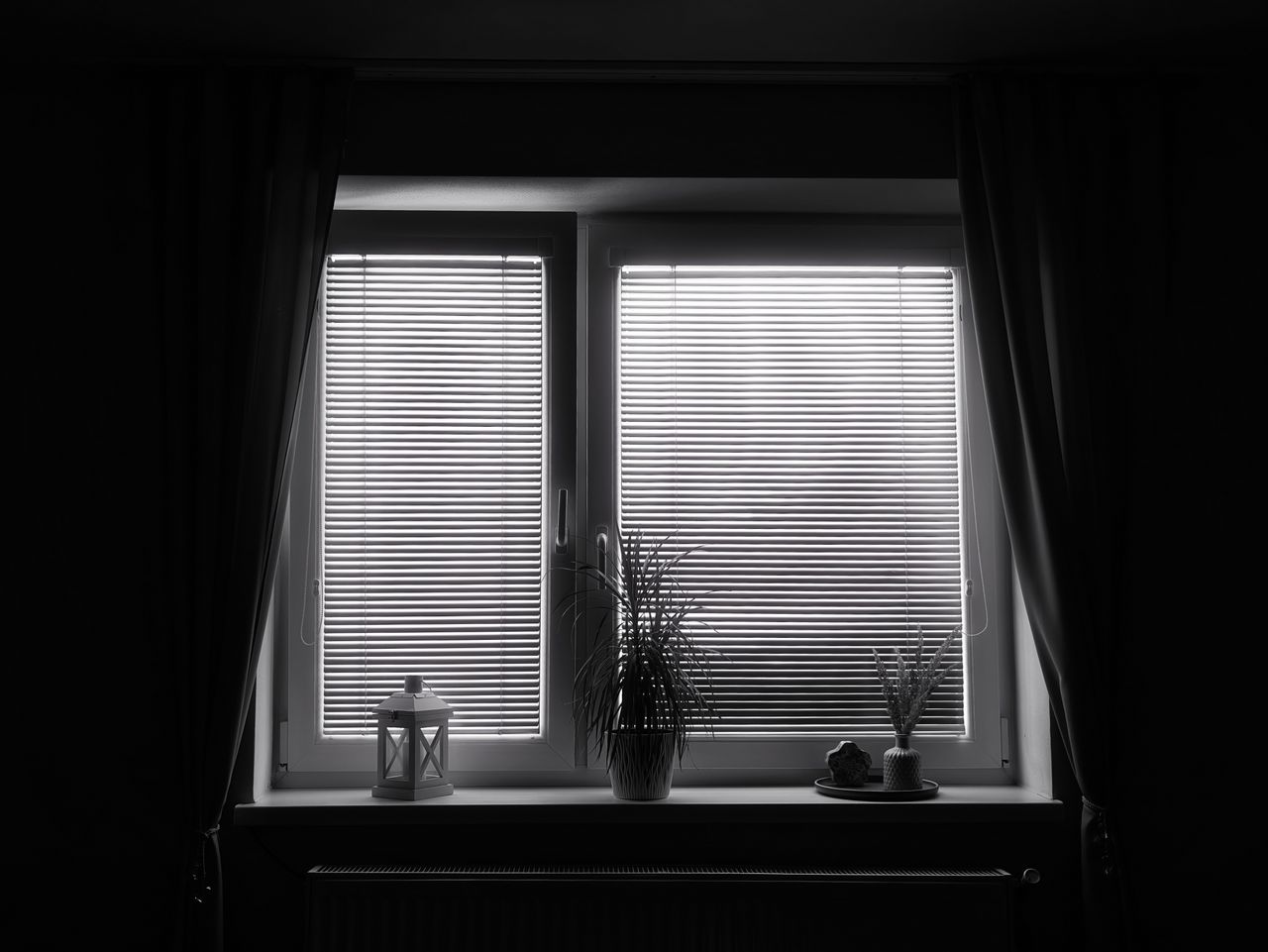 gallery-03 Black and white photo of a window with blinds, a plant, and a lantern.